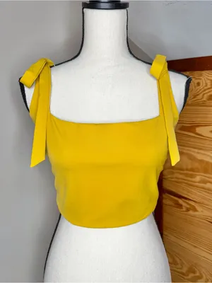 Tiger Mist Kinsley Crop Top Medium M Yellow Gold Square Neck Tie Bow Sleeveless thumbnail 2
