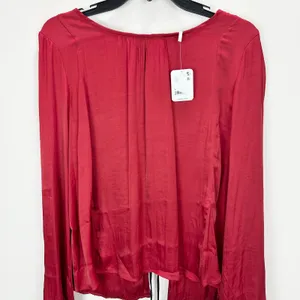 Free People Arabella Blouse Rubies Red Satin Long Sleeve Bow Back Medium NWT thumbnail 4