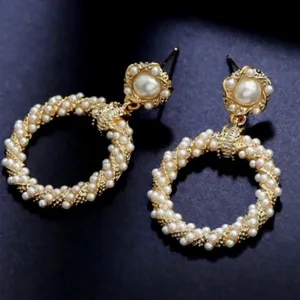 White Pearl Drop Dangle Hoop Earrings for Women thumbnail 3
