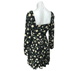 Asos Collusion Black Floral Dotted Long Sleeve Sweetheart Smocked Mini Dress 0 thumbnail 2