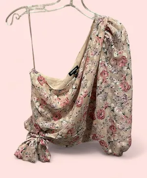 Cute creamy blush floral ruffle crop silky 1 shoulder crop top mermaid fairy thumbnail 2