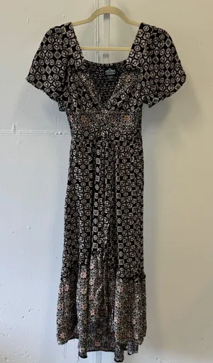 Angie Boho Floral Smocked High Low Midi Dress Black Pink Small Cottagecore thumbnail 1