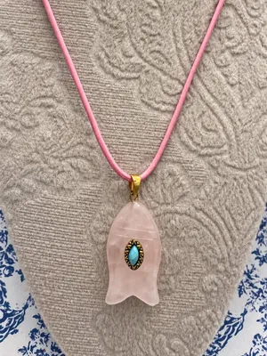 Revolve x Adina Eden Pink Quartz Fish Pendant Faux Leather Rope Necklace Pink thumbnail 7