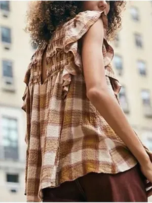 FREE PEOPLE Not Your Average Girl Plaid Ruffle Top thumbnail 3