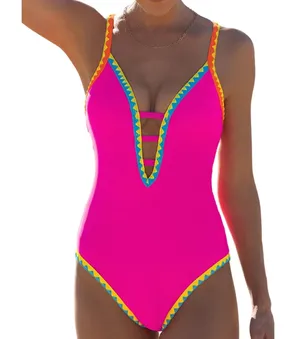 NWT Popvil Women One Piece Swimsuit Tummy Control Deep V Neck Neon Rose Red XL thumbnail 1
