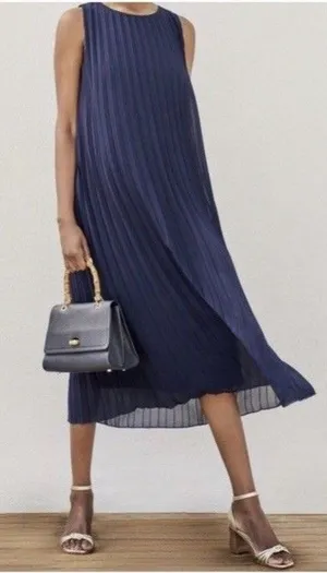 J. McLaughlin Sleeveless Pleated Midi Dress XS Navy Blue Lined Wedding Prom Chic thumbnail 1