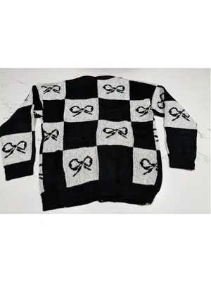 NEW Black & Tan Bow Checkered Button Down Cardigan Sweater L Size L thumbnail 2
