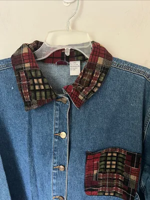 Vintage Zana Di 90s plaid trim denim barn jacket 🔷 thumbnail 4