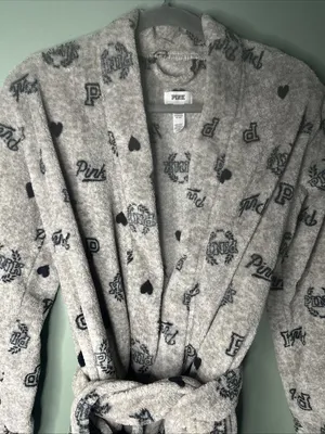 Victoria’s Secret PINK XS S Plush Robe Gray Black Logo Hearts Y2K Cozy Fleece thumbnail 2
