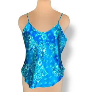 Vintage California Dynasty Blue Floral‎ Satin Scoop Neck Camisole Tank Top Large thumbnail 10