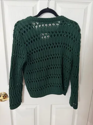 LOFT Forest Green Open-Knit Button Cardigan Sweater size XS thumbnail 3