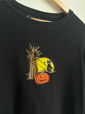 Vintage Women's Halloween Black Embroidered Cat Pumpkin Long Sleeve Top 1X thumbnail 8
