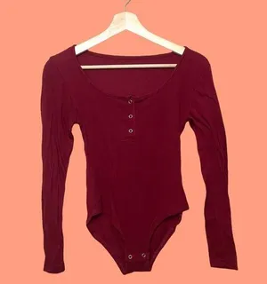 Burgundy Red Long Sleeve Button Up Body Suit by thumbnail 2