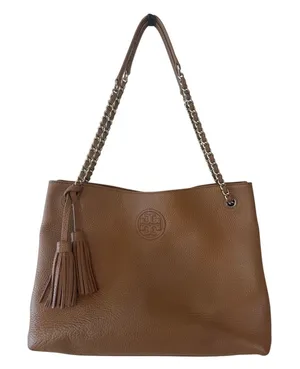 Tory Burch Pebbled Leather Chain Tote‎ Brown Camel Slouchy Bag thumbnail 1