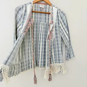 Knox Rose Cardigan Top M Cotton Boho Embroidered Fringe Blue Cream Peasant thumbnail 4