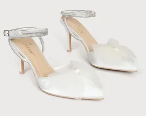 Lulus Lelanee White Satin Rhinestone Bow Ankle Strap Pumps thumbnail 4