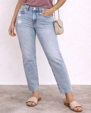 Kittenish High Waisted Distressed Straight Leg Jeans Light Wash‎ Size 28 thumbnail 1