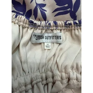 Urban Outfitters Blue Leaf Print Smocked Puff Sleeve Ruffle‎ Mini Dress XS Cream thumbnail 3