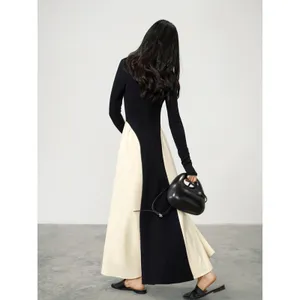 Commense Elegant Contrast Black Cream V-Neck Panel Pleated Long Sleeve Maxi XS thumbnail 3