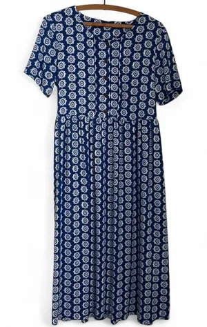 Vintage 90s Royal Blue Geometric Print Midi Button Short Sleeve Rayon Dress thumbnail 1