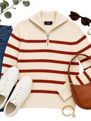Monoprix Femme Ivory Rust Stripe Ribbed Half Zip Sweater XS French Knit Top Chic thumbnail 1