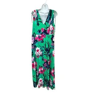 Iman Global Chic Floral Maxi Dress Green‎ Pink V-Neck Sleeveless Plus 1X thumbnail 3