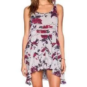 Free People Slip Dress Womens Small Grey Burgundy Voile Lace Trapeze Boho Mini thumbnail 4