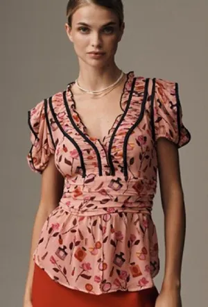 ANTHRO | MAEVE x Anisa Makhoul Ruffle V-Neck Blouse thumbnail 1
