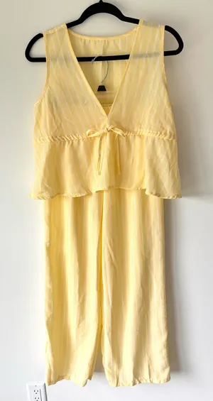 Butter Yellow 2 Piece Set White Stripes Flowy Pant Cropped Tank Top Travel Beach thumbnail 1