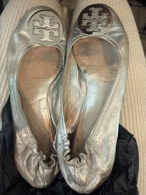 Tory Burch Reva Silver Metallic Ballet Flats Logo Medallion thumbnail 2
