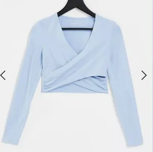 ASOS yoga long sleeve wrap crop top cotton light blue us 2 thumbnail 1