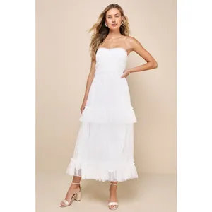 Lulus Women L White Tulle Swiss Dot Strapless Tiered Midi Dress NEW Romantic thumbnail 14