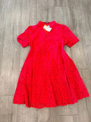 V-Neck Red Eyelet Tiered Mini Dress thumbnail 5