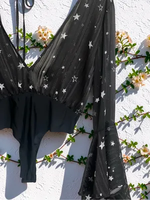 Nasty Gal Black Star Print Sheer Bell Sleeve Bodysuit Size 6 thumbnail 9