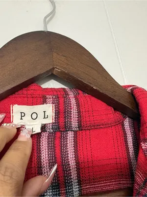 POL Red Plaid Lace Up Tunic Shirt Size L Boho Grunge Flannel Oversized Top thumbnail 3