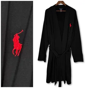 Polo Ralph Lauren Plush Soft Black Red Pony Fleece Bathrobe‎ L/XL Knee Length thumbnail 2