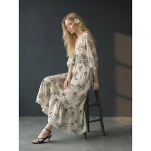 Free People Bohemian Billowy Ethereal Floral Golden Hour Maxi Dress Ivory XL thumbnail 14