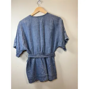 Trina Turk Wrap Top Womens Small Blue Chambray Fringed Belted Tunic thumbnail 2