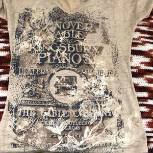 2000s Y2K V-neck fitted gothic grunge whimsygoth graphic tee long top shirt blouse henley short sleeve tan beige cream brown black #streetwear Size S-measurement in pics thumbnail 4