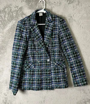Tristan Blue Green Plaid Tweed Fitted Blazer Jacket Dark Academia Women's M thumbnail 1