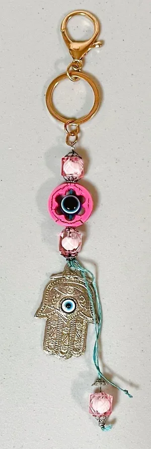 Handmade Pink Blue Hamsa Hand Evil Eye Beaded Key-Chain Key-Ring Key-Clip Fashion Accessory 🪬🧿 thumbnail 1