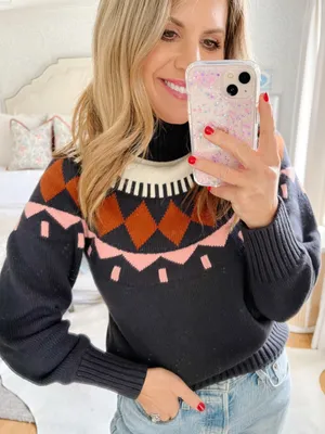 Cotton Wool Knit Fair Isle Navy Blue and Brown Turtleneck Sweater Ski Small thumbnail 1