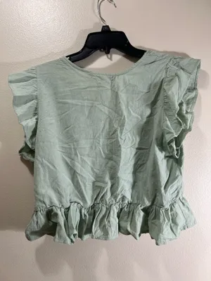 Vneck Ruffle Crop Top and Wide Leg Pants Green Size L thumbnail 6