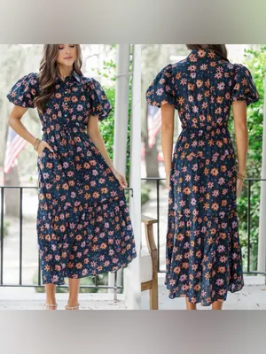 Pinch Looking Your Way Navy Blue Floral Cotton Midi Dress thumbnail 4