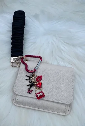 Beige Faux Leather Card Holder Wallet w/ Wristlet Strap & Charm Keychain thumbnail 1