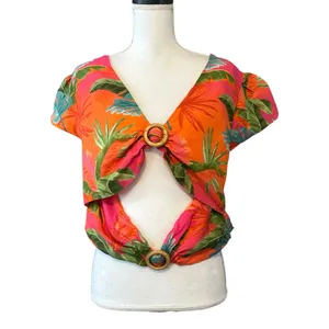 Anthropologie Tropical Floral Knot-Front Crop Top in Coral & Teal thumbnail 4