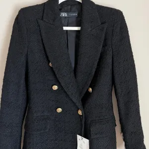 Zara Tweed Tailored Blazer Women Size S Black Double Breasted Gold Button NWT thumbnail 3
