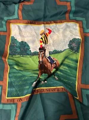 Vintage 100%‎ Silk Horse Racing Scarf Vega 1993 Japanese Filly Champion thumbnail 1