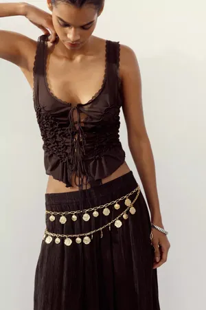 Zara brown Lace-Up Women's Top boho bohemian tied thumbnail 7