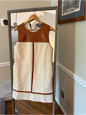 Women's THML White & Brown Sleeveless Dress S MIXED MEDIA TEXTURED MIDI-CREAM thumbnail 3